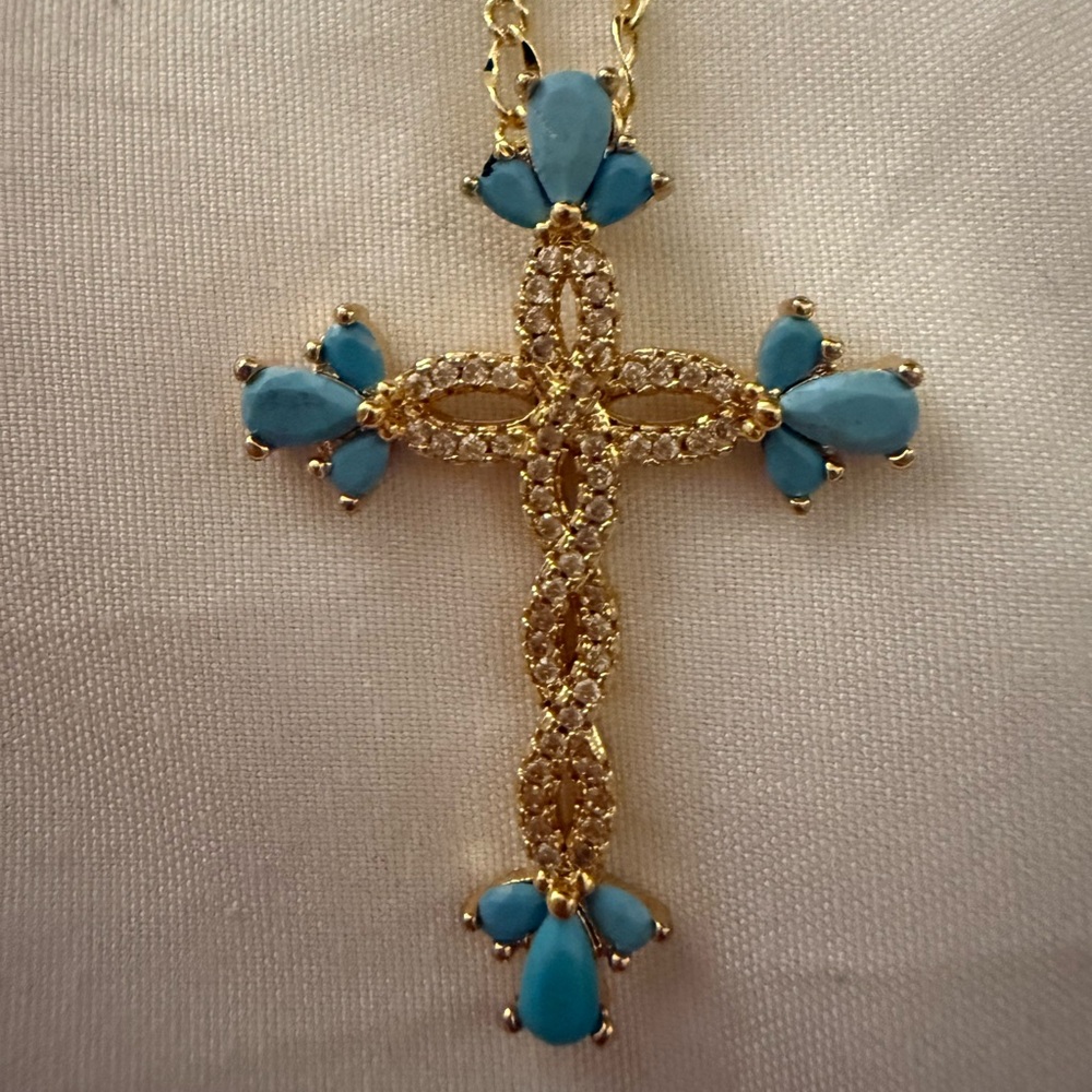 Gold Plated Turquoise Twisting Cross Pendant Necklace